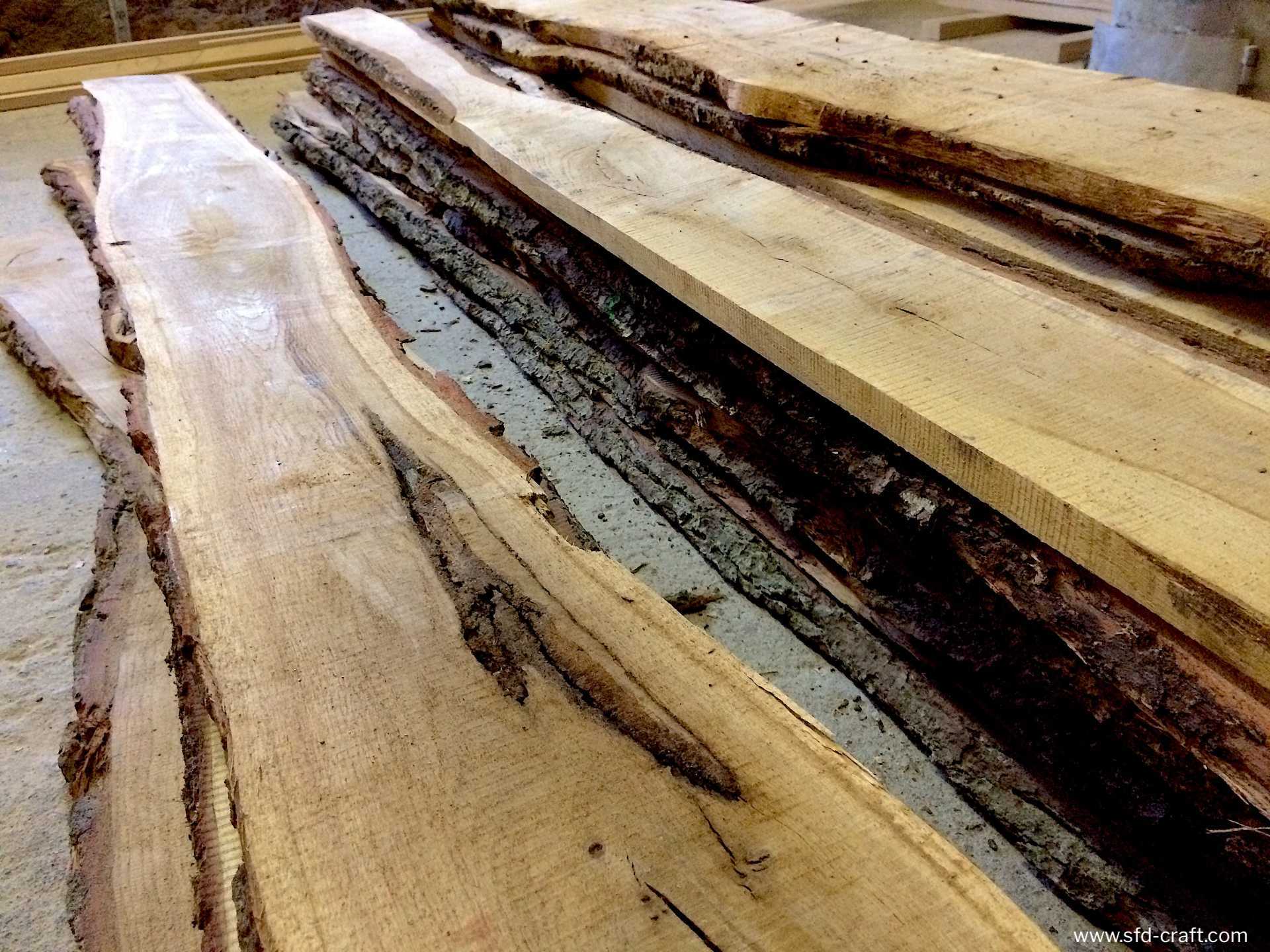 Oak wood plank in the workshop