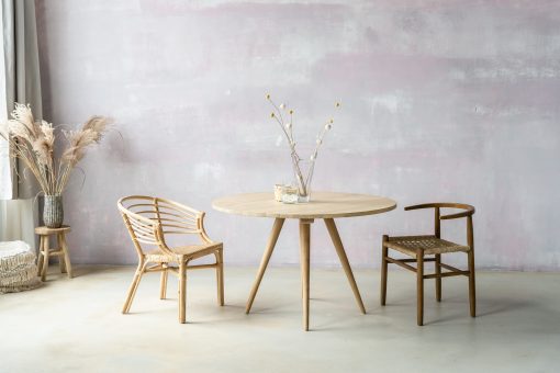 Minimalist boho style dining table with raw oak effect